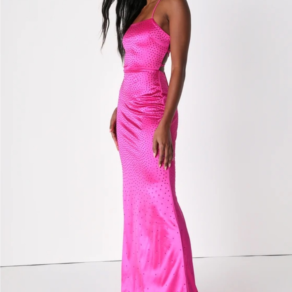 NWT  Hot Pink Satin Rhinestone Lace-Up Maxi Dress SIZE M